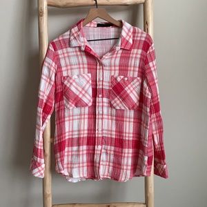 Sanctuary Red Plaid Button Down Crinkle Cotton Top Sz Medium